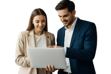 Business people holding a laptop isolated on white