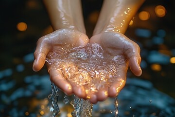 Fototapeta premium Close-up of cupped hands gently holding flowing water with sparkling droplets reflecting warm light in a dark, blurred background