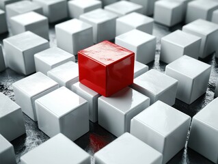 A single glossy red cube stands out prominently among numerous matte white cubes arranged in a grid pattern on a dark textured surface, symbolizing uniqueness and distinction