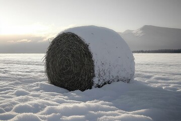 Large round hay bale partially covered in snow resting in a vast snowy field with distant mountains under soft morning light