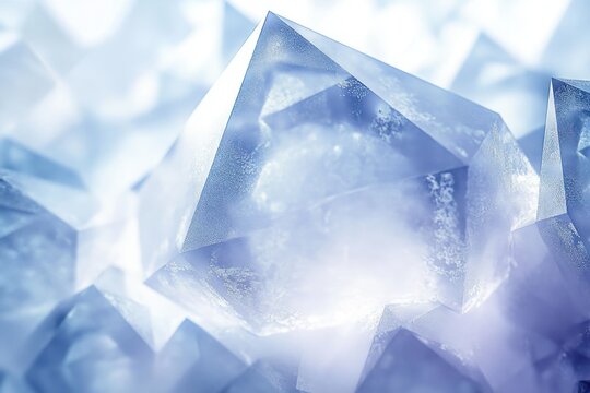 Close-up view of translucent blue crystals with sharp geometric shapes and soft glowing light creating a cool, ethereal atmosphere