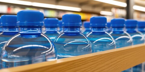 Fototapeta premium Bottled Water on Store Shelf with Blue Caps