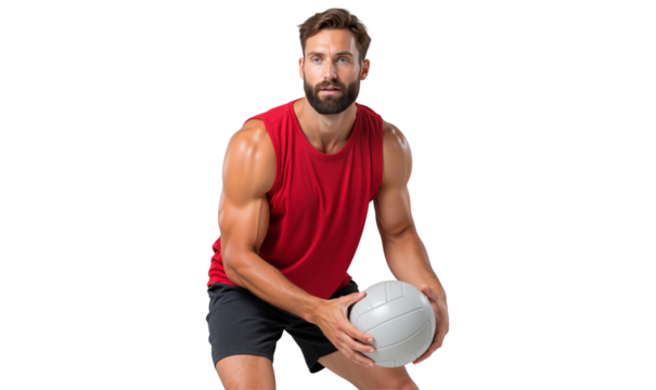 Volleyball player in action holding a ball, isolated on white background
