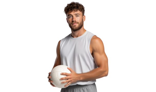Handsome, fit man holding a volleyball, ready for the game, isolated on transparent background