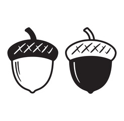 Simple black and white illustration depicting two acorn designs perfect for autumn concepts