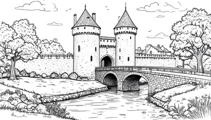 Medieval Castle with Bridge and Towers Coloring Page.