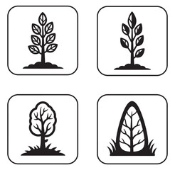 Simple black and white tree icons with various leaf shapes and forms in square frames