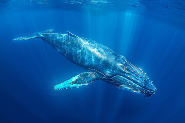 A stunning humpback whale gracefully swimming in the radiant underwater realm, highlighting the magnificence and elegance of oceanic creatures  
