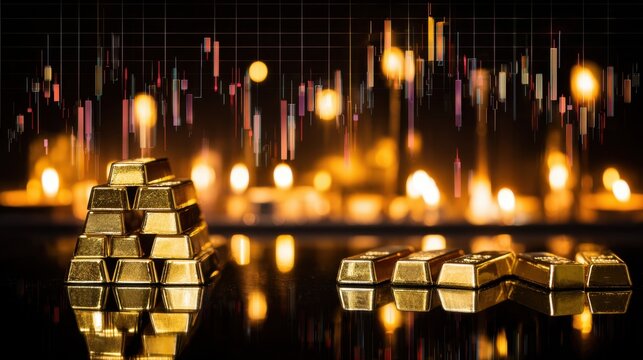 Golden Riches: An array of gold bars gleam against a backdrop of shimmering lights and financial charts, evoking the allure of wealth, investment and prosperity.