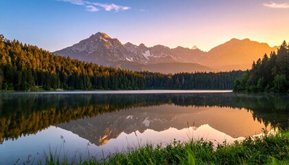 A calm lake with mountain reflection under sunrise, HDR high-resolution landscape.