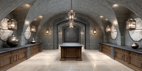 A dark chamber of trade with old world maps and glowing trade seals across empires