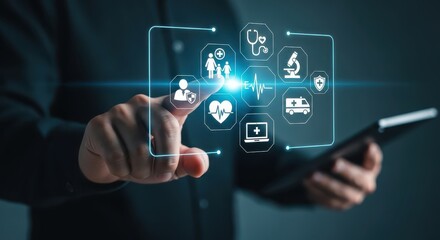 Businessman Interacting with Digital Healthcare Management System Interface on Futuristic Touch Screen