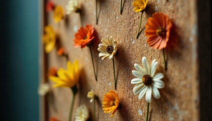 Close up of a vintage corkboard textured with pinned botanical specimens and dried flowers. Extreme close up of a vintage corkboard surface. Several dried botanical specimens and delicate pressed