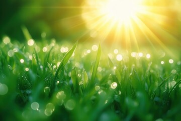 Close-up view of fresh green grass blades covered in dewdrops glowing under bright warm sunlight creating a serene and refreshing morning atmosphere