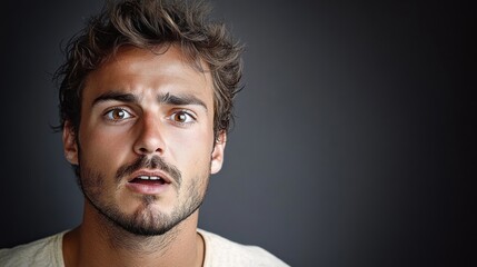 close-up portrait of a young man with tousled hair looking surprised or shocked against a dark gradient background