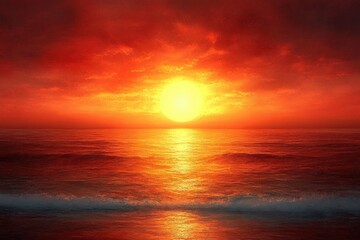 Obraz premium Bright red and orange sunset over calm ocean waves with glowing sun reflecting on the water and dramatic clouds in the sky