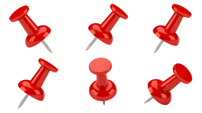 Collection of six shiny red thumbtacks with metal pins arranged in a grid isolated on transparent background