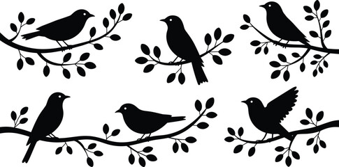 Silhouette birds on tree branches, peaceful nature scene, wildlife illustration, black bird silhouettes, tranquil forest artwork, decorative design