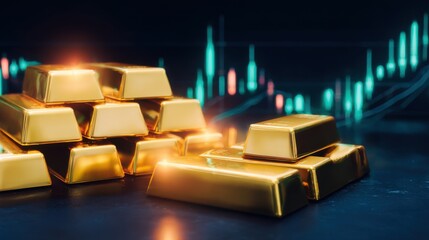 Golden Bars and Market Dynamics: Illustrating the allure of investment, a close-up of gold bars, complemented by a blurred chart backdrop.