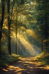 Obraz premium Sunlight streaming through dense green forest canopy onto a winding dirt path creating a peaceful and magical atmosphere