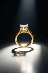 Diamond Ring Illuminated by a Single Beam of Light A solitary diamond ring with a yellow gold band, intensely illuminated by a single, sharp beam of light against a completely black, void background.