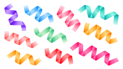 Collection of vibrant colorful serpentine streamers in a zigzag pattern isolated on transparent background