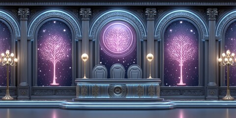 A mysterious courtroom with digital contracts judged by robed blockchain guardians