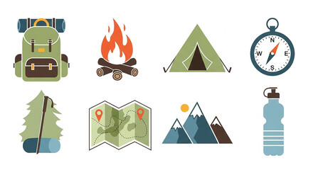 Outdoor adventure camping hiking travel equipment icons