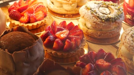 Delicious pastries and desserts displayed in a bakery case - Powered by Adobe