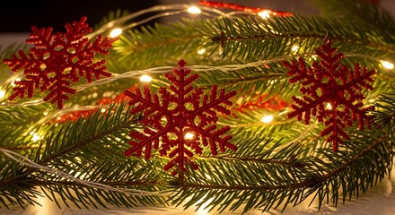 A close-up shot of a Christmas wreath adorned with red snowflake ornaments and warm white fairy lights.