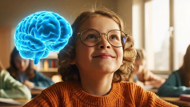 A child in a classroom, looking up with a glowing brain visualization above