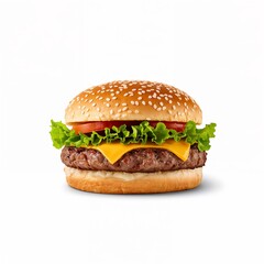 Hamburger with beef patty, lettuce, tomato, and cheese isolated on white background.