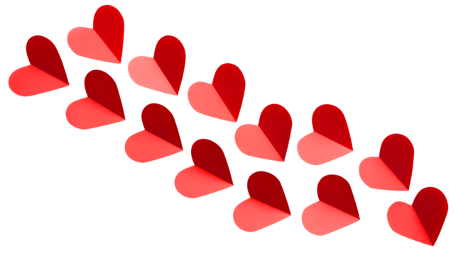 A decorative diagonal line of small red and pink paper hearts arranged in a staggered pattern isolated on transparent background