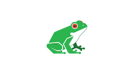 Stylized green tree frog illustration with red eyes on a white background