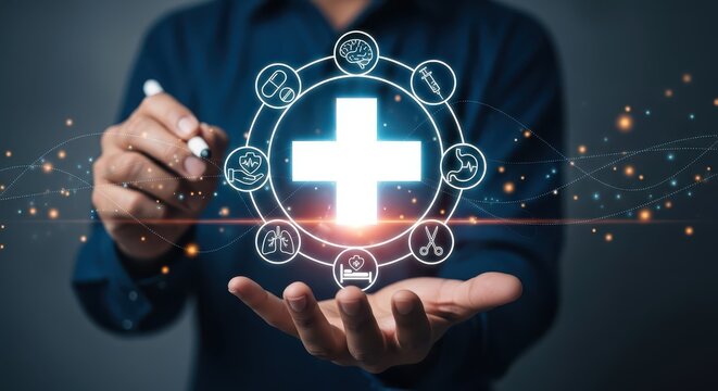 Digital Healthcare and Medical Technology Integration with Glowing Cross Icon on Businessman's Hand