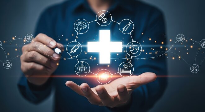 Digital Healthcare and Medical Technology Integration with Glowing Cross Icon on Businessman's Hand - Powered by Adobe