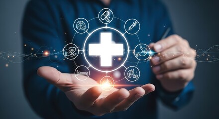 Digital Healthcare and Medical Technology Integration with Glowing Cross Icon on Businessman's Hand