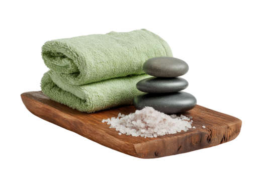 Folded towels, stones, and salt on a wooden board