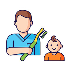 Dentist holding toothbrush with child, representing dental hygiene and care for young patients, emphasizing the importance brushing teeth for healthy smiles and oral wellness