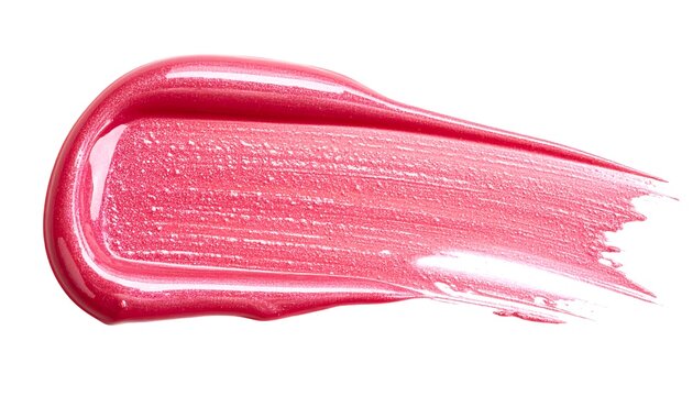 Close-up of a slick, shiny pink lipstick smear isolated on white