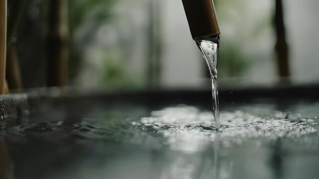 Close up of clear water flowing from a bamboo spout into a tranquil basin with lush green foliage in soft focus background creating a peaceful zen atmosphere