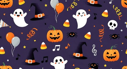 Spooky season fun with a playful Halloween pattern of pumpkins, ghosts, and candy corn perfect for invitations, cards, and festive backgrounds