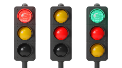 Three vertical traffic lights showing different signal combinations including red yellow and green lights isolated on transparent background
