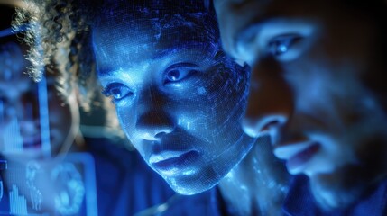 A diverse team collaborating around a glowing data visualization, a scene of AI transformation and teamwork innovation.