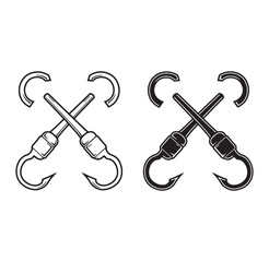 Vector illustration of crossed fishing hooks in black and white for classic design
