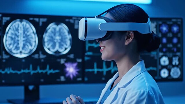 Medical professional wearing VR headset, reviewing brain scans on monitors. Scientific environment - Powered by Adobe
