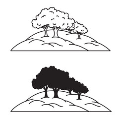 Vector illustration of trees on hills in two different styles of black and white outlines