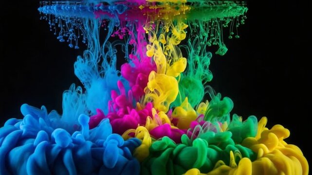 Vibrant Colorful Ink Explosions Underwater Against A Deep Black Background Abstract Fluid Dynamics