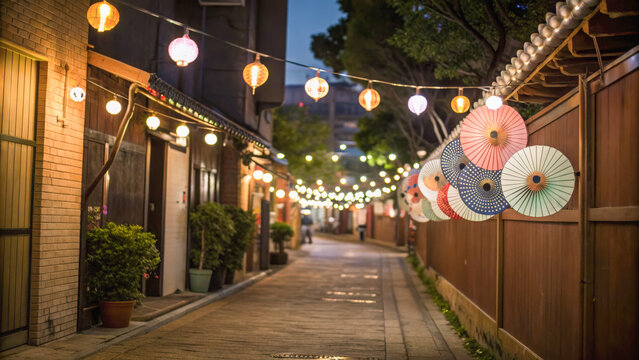 Lantern alley night string light paper umbrella wooden wall narrow street cozy warm glow urban festive tranquil