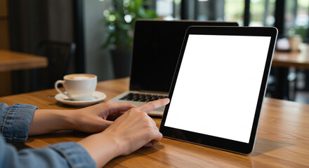 Fototapeta premium Person working on a tablet and laptop with coffee on a wooden table.